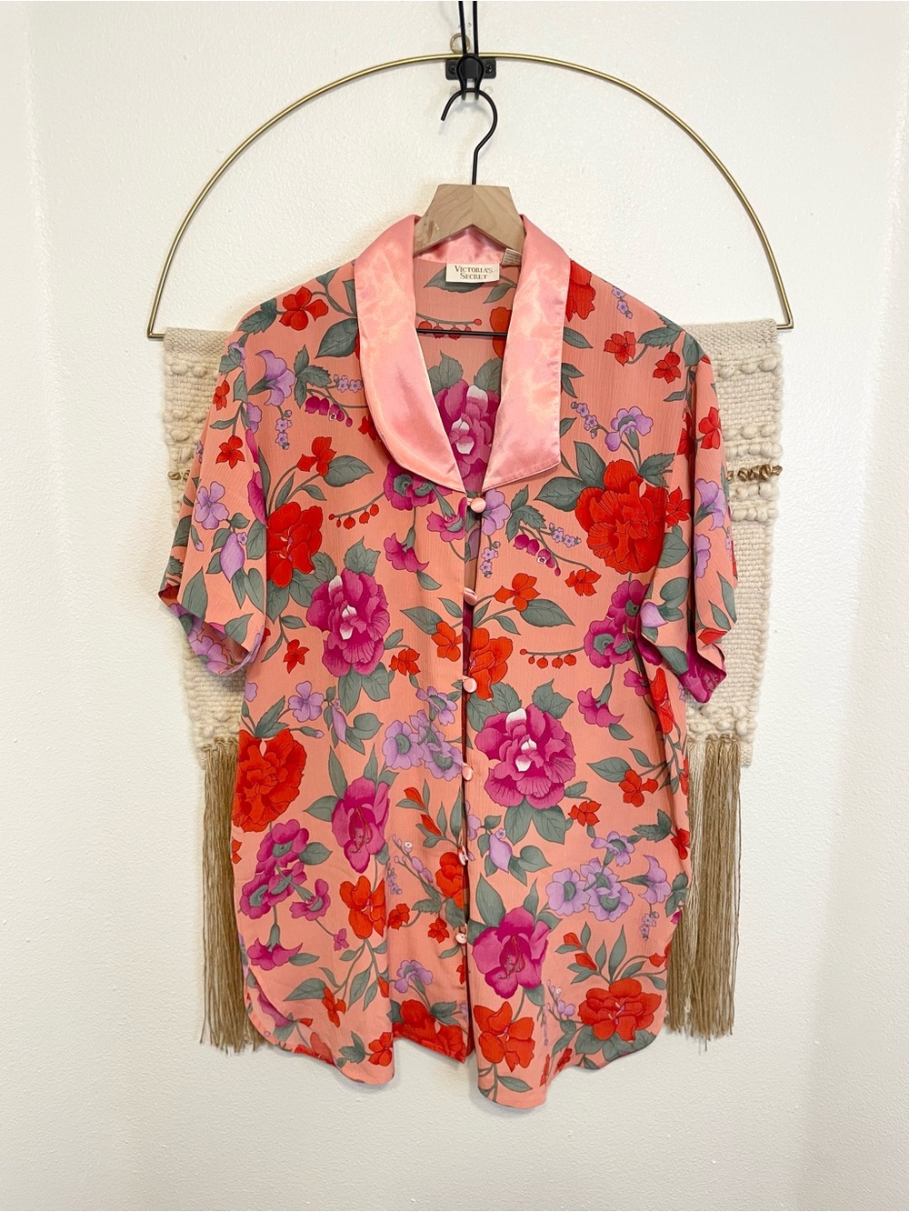 Vintage Victoria's Secret Sheer Pink Floral Satin Collar Nightgown S